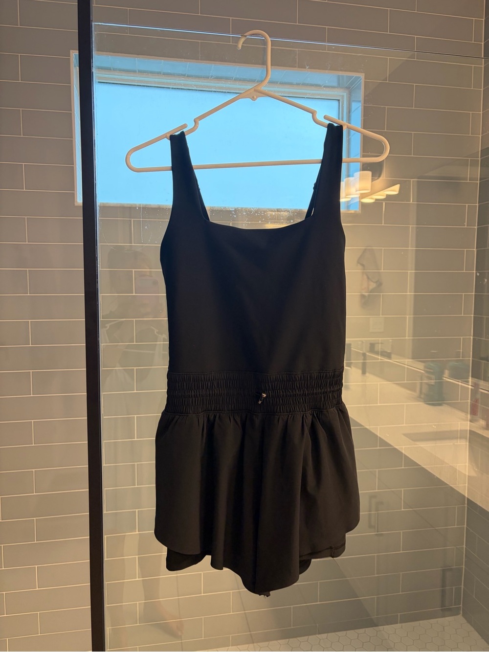 Black Square-Neck Romper with Smocked Waist